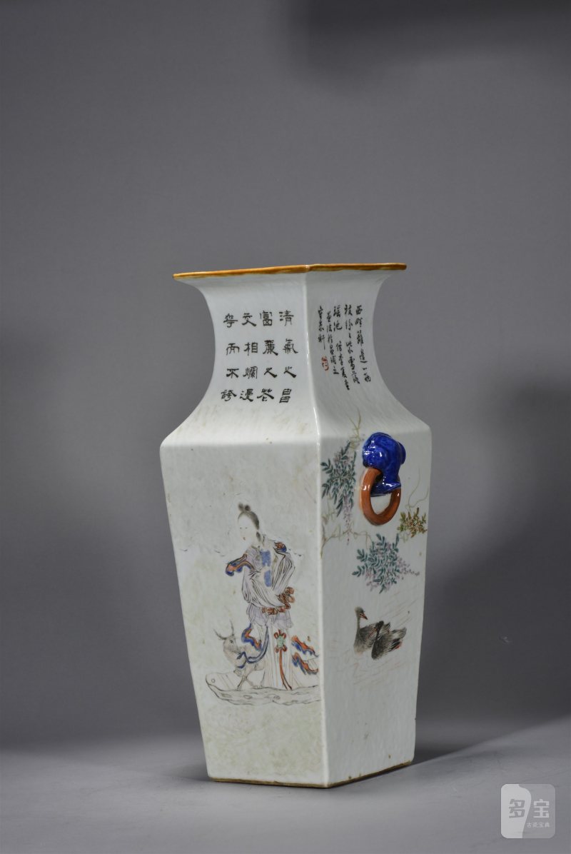 清光绪 程松石浅绛彩山水人物花鸟四方瓶 - 图3